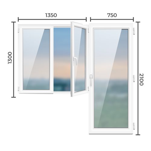 Балконный блок ПВХ 1300x1350-2100x750-2-500x500